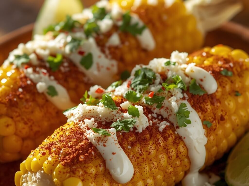 Close-up of authentic Mexican street corn with creamy sauce, cheese, chili, and cilantro on a rustic plate