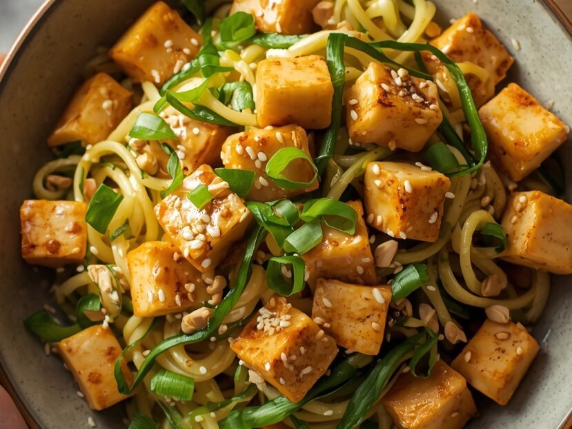 Zucchini noodles stir fry with tofu and cashew sauce in a bowl