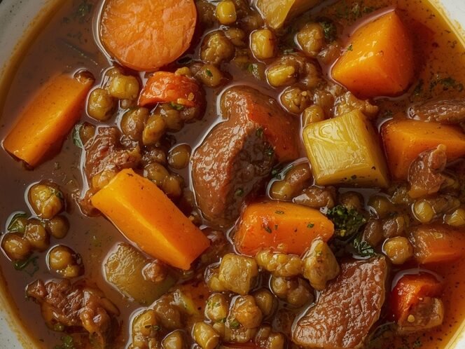 “Rustic vegetarian lentil stew in a bowl with vegetables — a hearty and remixable vegan base recipe.”