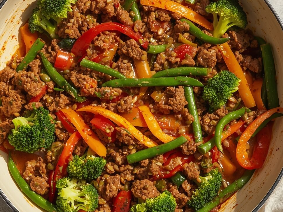 Colorful ground beef and vegetable stir-fry with bell peppers and broccoli in a ceramic pan