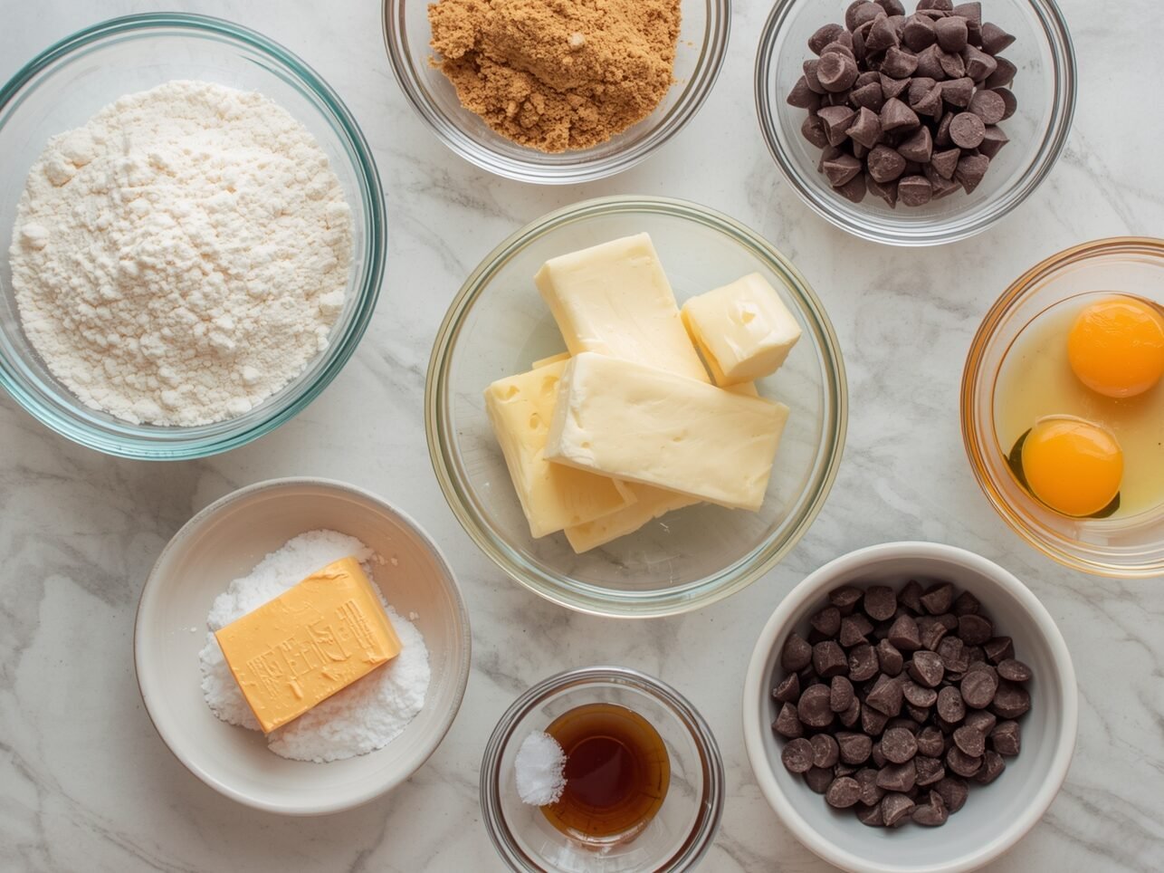All ingredients for chocolate chip cookies arranged flat lay style on kitchen counter