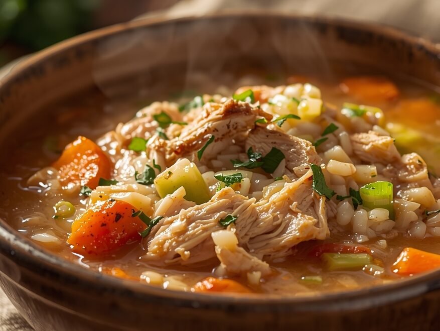 Warm chicken and rice soup with shredded rotisserie chicken, carrots, celery, and fresh herbs in a rustic ceramic bowl.