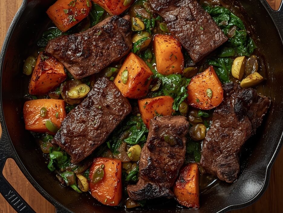 Beef and sweet potato skillet with garlic sautéed greens in a cast iron pan