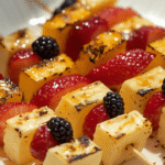 Fruity kabobs made with banana, pineapple, and berries grilled on a Blackstone, served as a snack.