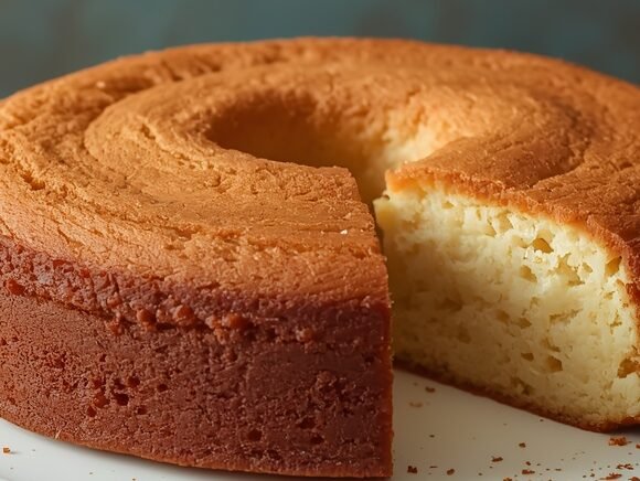 "Whole French Butter Cake on vintage cake stand with tea setting"