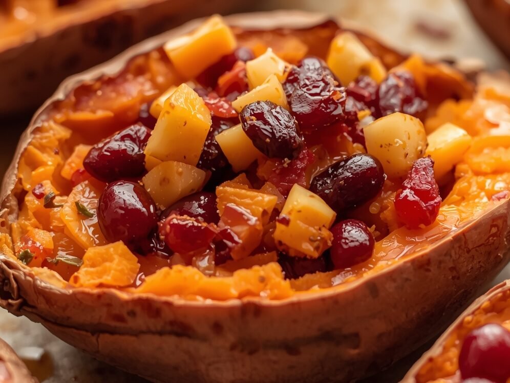 “Twice-baked sweet potatoes stuffed with apples and cranberries, topped with cinnamon and maple syrup.”