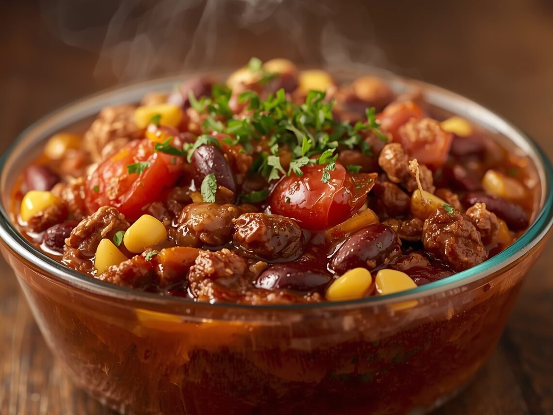 Freezer-friendly beef and bean chili meal prep with corn, tomatoes, and herbs in a glass container