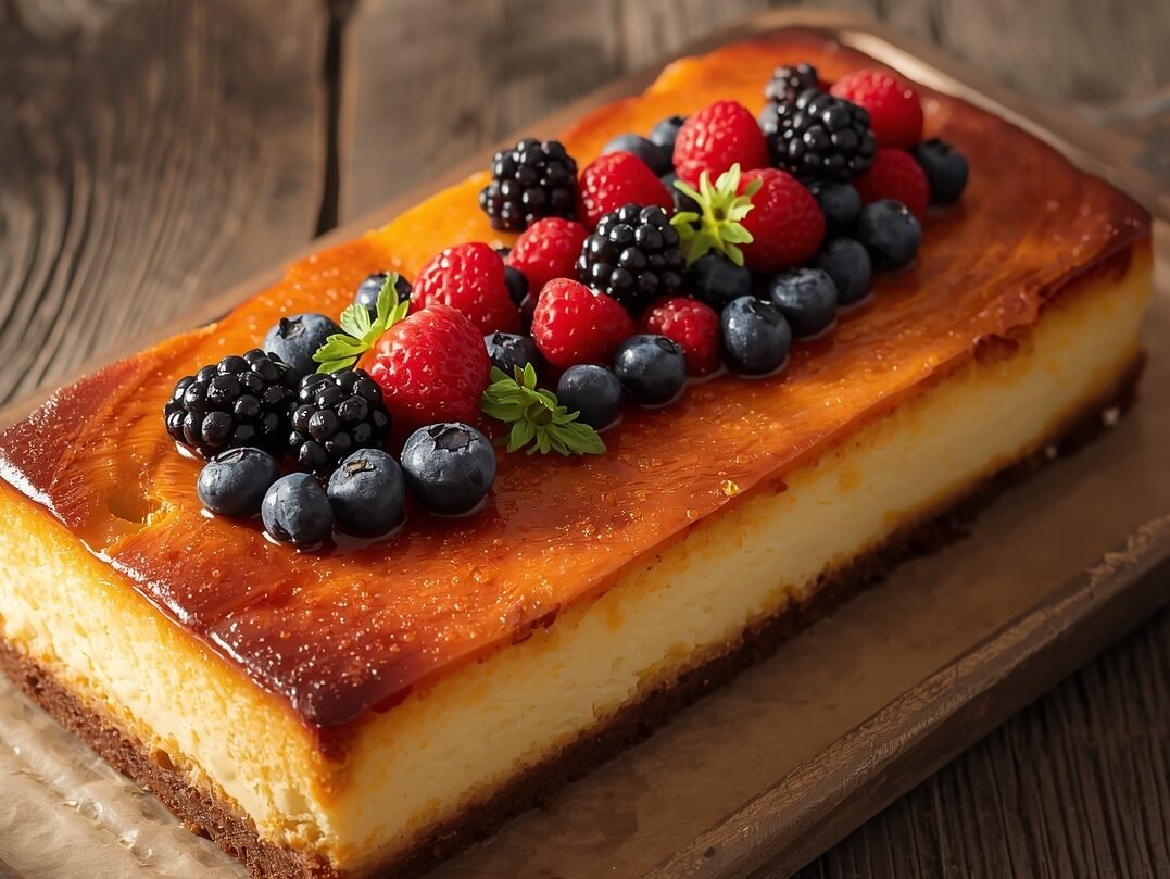 "Basque cheesecake loaf with fresh mixed berries on wooden table"