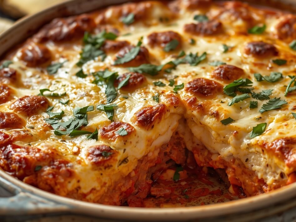 "Elegant slice of Greek Moussaka on rustic plate, garnished with parsley."