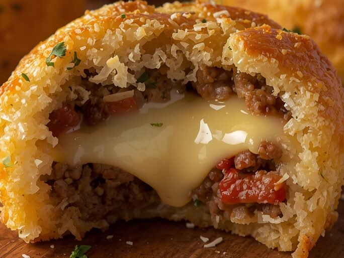 garlic parmesan cheeseburger bombs golden baked with melted cheese and juicy filling