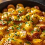 One-pan cheesy ranch potatoes with smoked sausage, roasted in a cast iron skillet and topped with melted cheddar cheese and fresh parsley – easy, budget-friendly comfort food dinner.