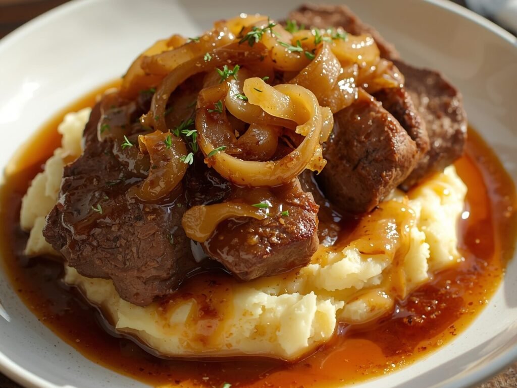 French Onion Pot Roast over creamy mashed potatoes with caramelized onions and rich gravy — hearty slow‑cooked beef dinner recipe