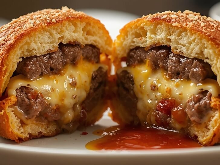 Brushing garlic butter and sprinkling Parmesan cheese on dough for Garlic Parmesan Cheeseburger Bombs before baking.