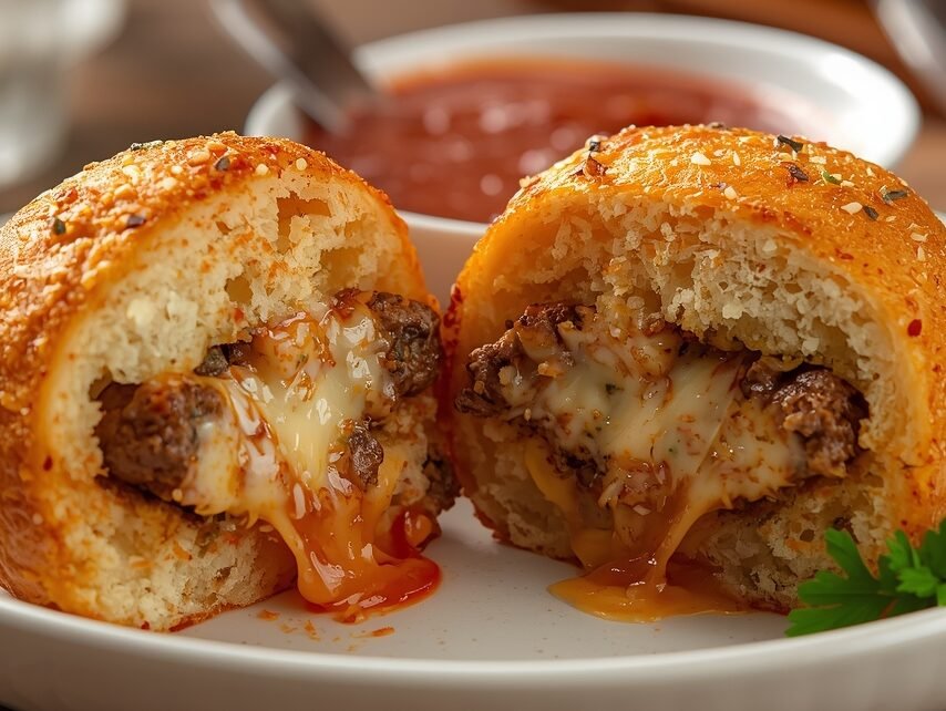 Brushing garlic butter and sprinkling Parmesan cheese on dough for Garlic Parmesan Cheeseburger Bombs before baking.