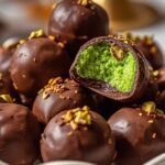 Elegant serving bowl filled with glossy Dubai Chocolate Balls, topped with crushed pistachios and hints of green creamy filling, soft daylight highlighting the dessert’s shine.