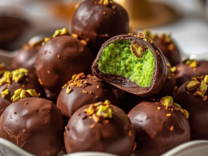 Elegant serving bowl filled with glossy Dubai Chocolate Balls, topped with crushed pistachios and hints of green creamy filling, soft daylight highlighting the dessert’s shine.