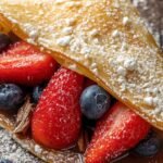 Sweet crepe with Nutella, fresh berries, and powdered sugar – easy crepe recipe perfect for dessert or brunch, styled for Pinterest and food blogs.
