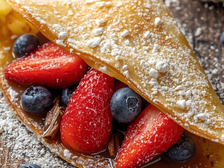 Sweet crepe with Nutella, fresh berries, and powdered sugar – easy crepe recipe perfect for dessert or brunch, styled for Pinterest and food blogs.