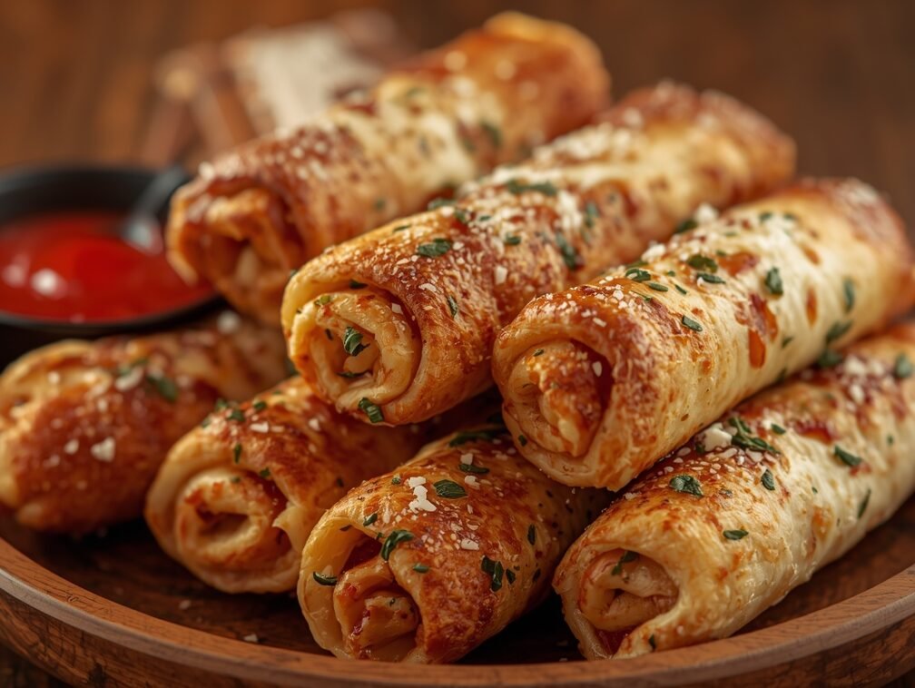 Crispy Tortilla Pizza Rolls served hot with marinara – family-friendly dinner idea by Recipench