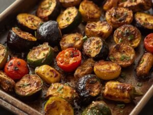Golden roasted eggplant and zucchini on a rustic tray, Mediterranean style.