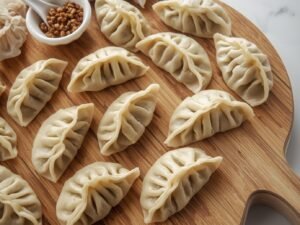 Fresh vegetables, potstickers, and aromatics neatly arranged on a wooden board for cozy potsticker soup.