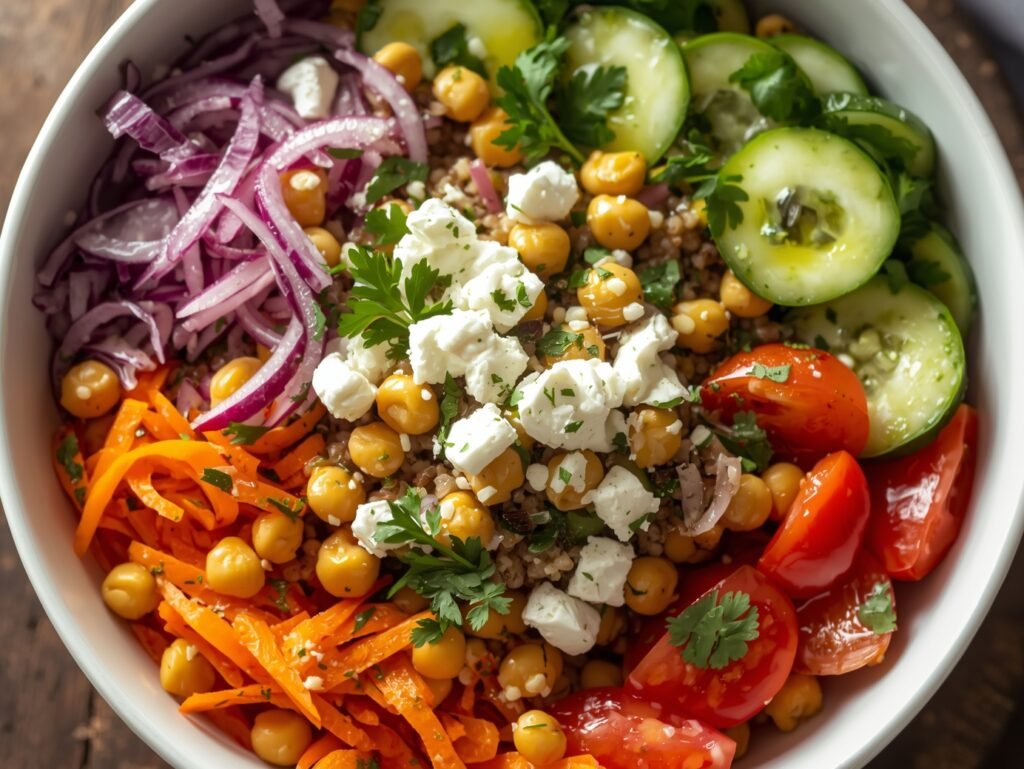 High-protein salad with chickpeas, quinoa, and fresh vegetables topped with feta cheese and lemon dressing.
