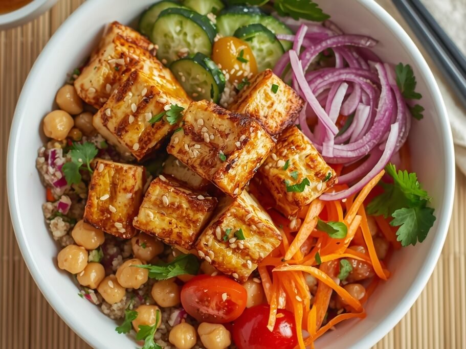egan high-protein salad with grilled tofu, quinoa, chickpeas, and fresh vegetables topped with sesame-ginger dressing.