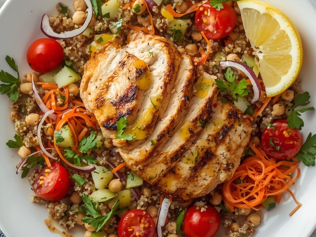 High-protein salad with grilled chicken, quinoa, chickpeas, and fresh vegetables topped with lemon dressing.