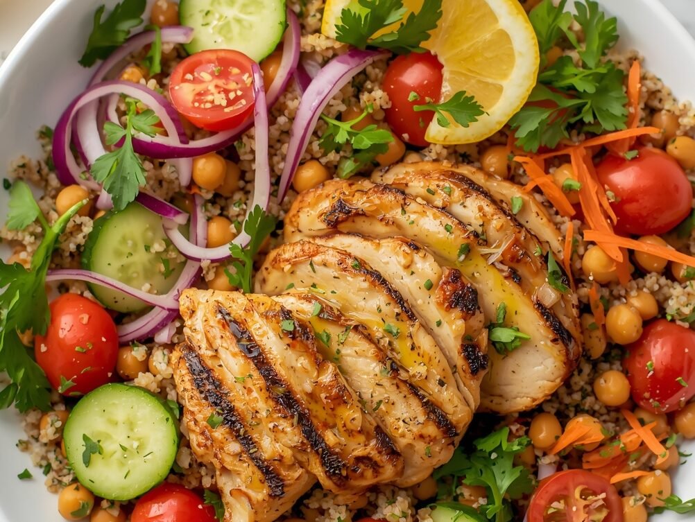 High-protein salad with grilled chicken breast, quinoa, chickpeas, fresh vegetables, and lemon dressing — easy healthy lunch recipe for weight loss and muscle gain.