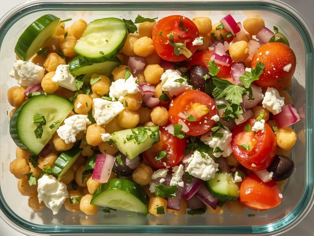 Mediterranean chickpea salad with cucumbers, tomatoes, feta, and olives in a glass prep container