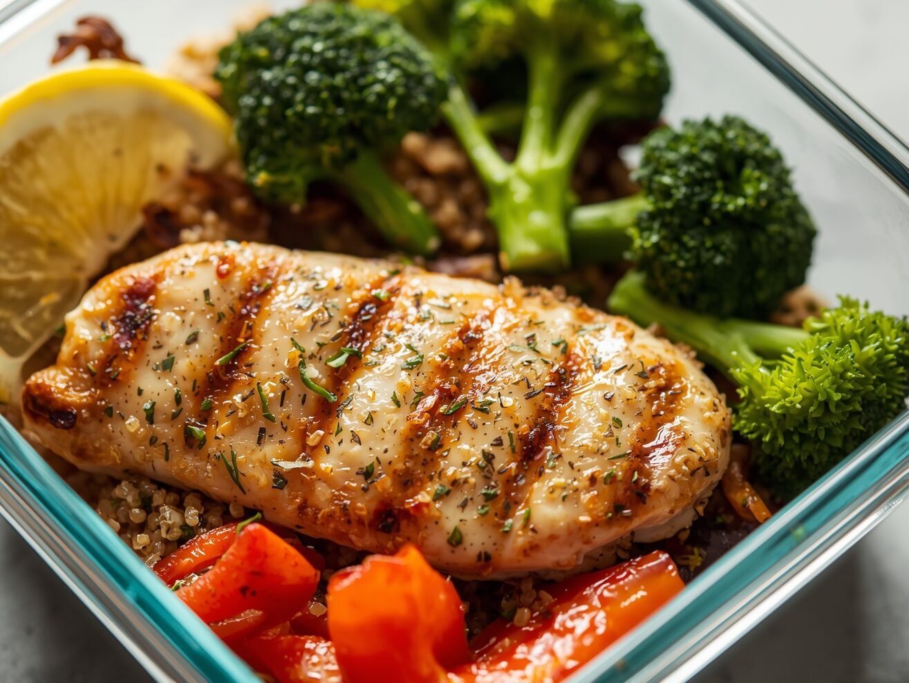 Grilled lemon-herb chicken with roasted broccoli and quinoa in a healthy meal prep bowl