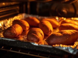 Sweet potatoes baking on foil-lined tray in oven – easy healthy recipe by Recipench.