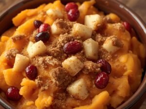 Mixing cranberry apple sweet potato filling in a rustic bowl – holiday family recipe by Recipench.