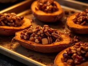 Twice-baked sweet potatoes filled with cranberry apple mix topped with pecans – Recipench holiday side dish.