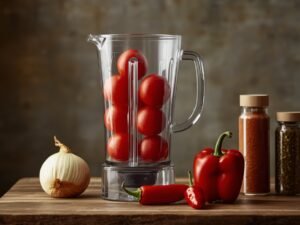 Blender filled with fresh tomatoes, red bell pepper and scotch bonnet pepper for a vibrant stew base“