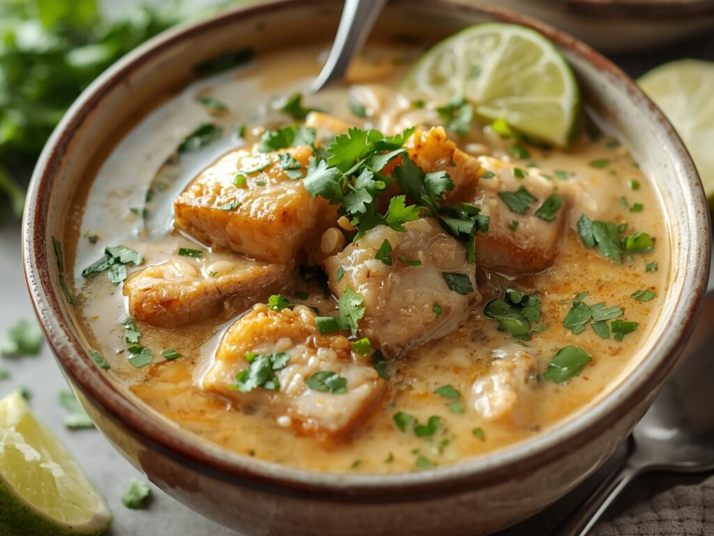 "Close-up view of coconut lime fish soup with tender fish and fresh cilantro garnish."