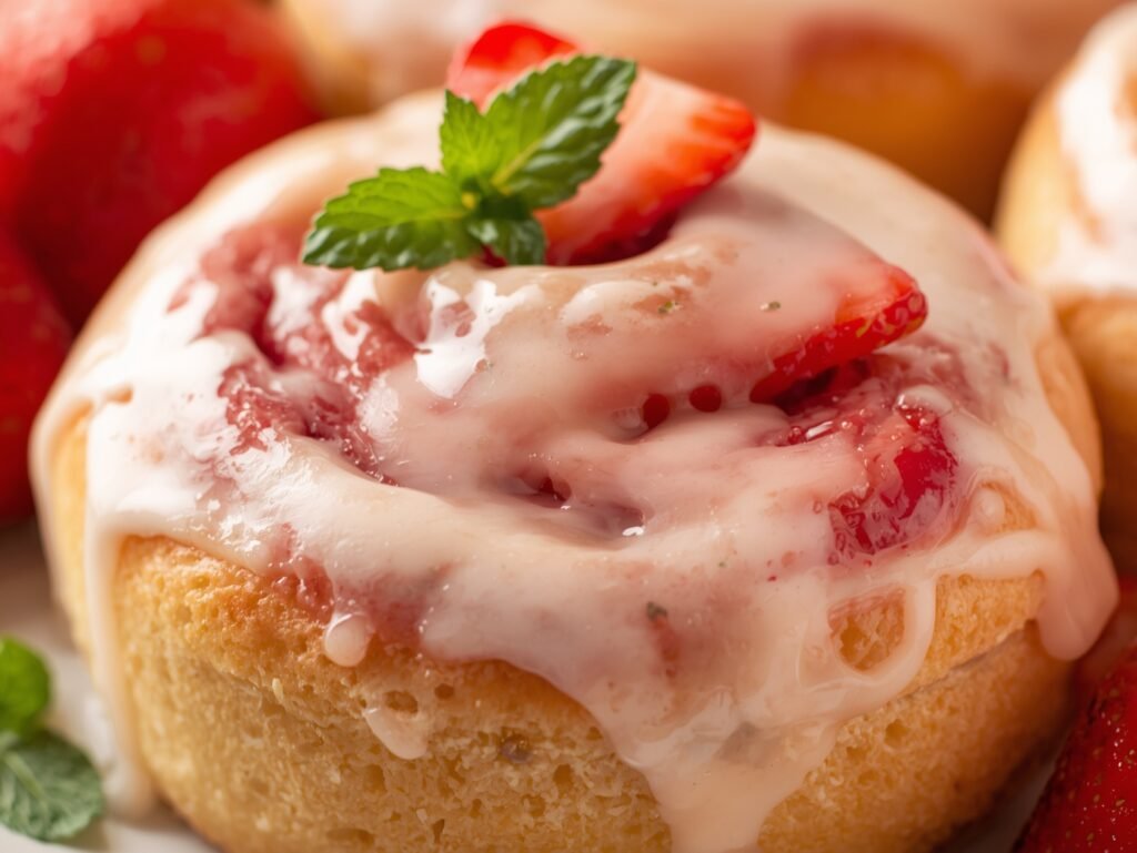 "A freshly sliced strawberry sweet roll revealing warm, juicy strawberry filling, drizzled with vanilla glaze and garnished with fresh strawberry slices."