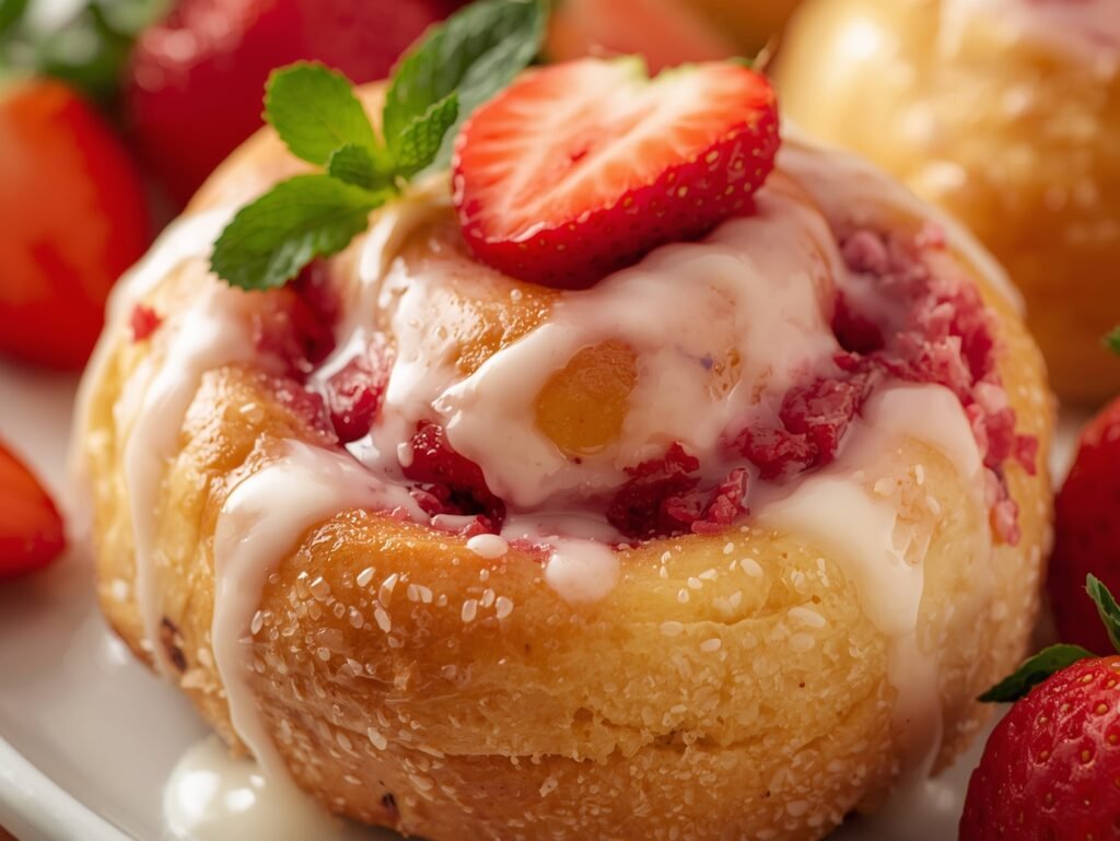 "Sliced strawberry sweet roll on a white plate with juicy strawberry filling, a drizzle of vanilla glaze, and garnished with fresh mint and strawberry slices."