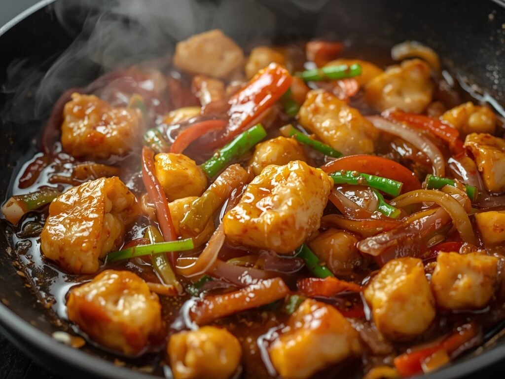 "Sizzling stir-fry in skillet with steam and glossy sauce coating protein and vegetables"