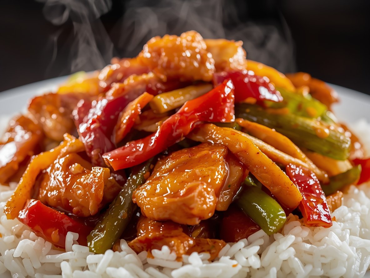 "Close-up of stir-fry with glossy sauce, golden chicken, and colorful veggies on a bed of steamed rice"