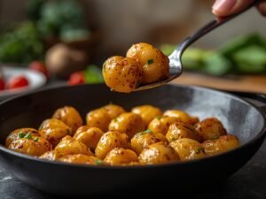“Golden crispy gnocchi transferred from skillet to serving plate”
