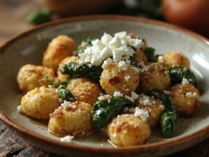 “Crispy gnocchi with spinach and crumbled feta ready to serve”