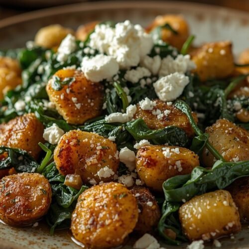 Wilted fresh spinach in skillet with aromatic sautéed garlic