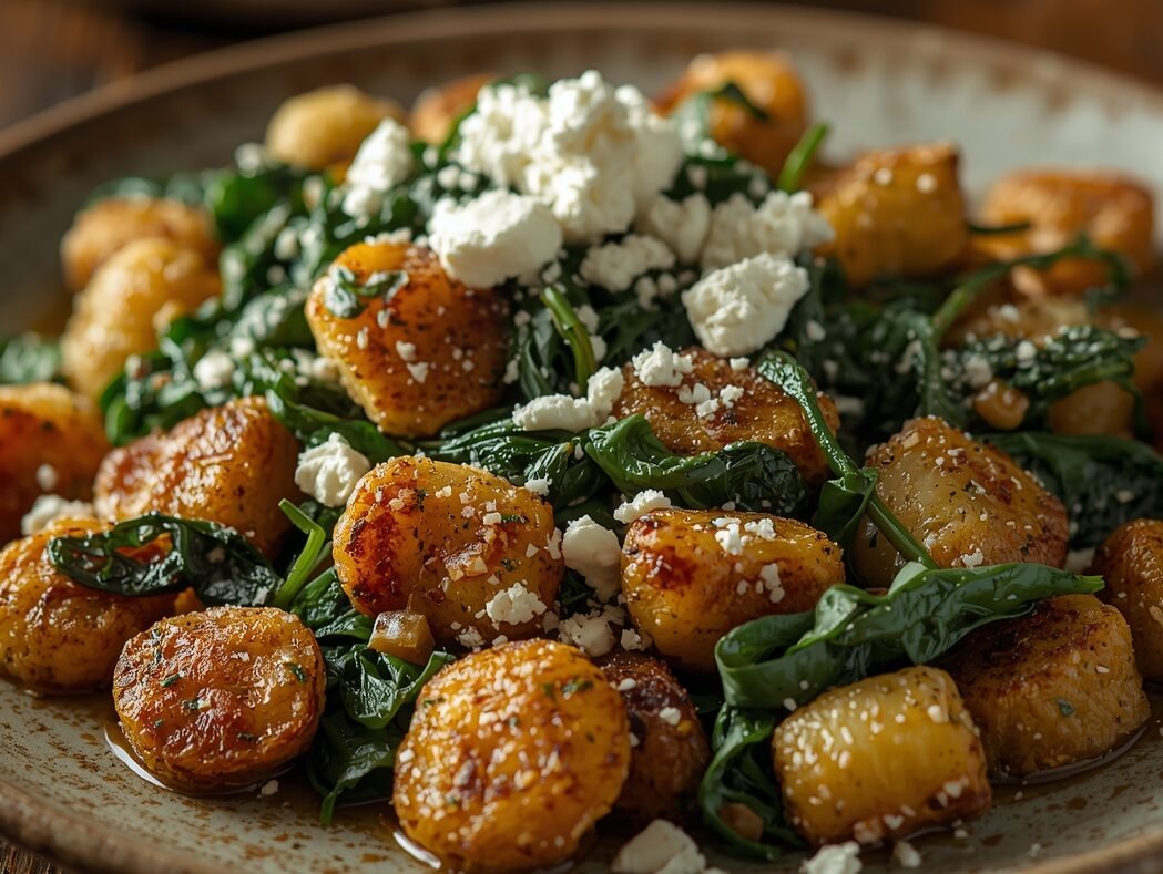 Wilted fresh spinach in skillet with aromatic sautéed garlic