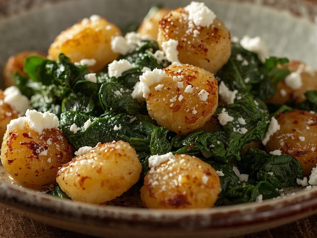 Close-up of skillet with gnocchi sizzling to golden perfection