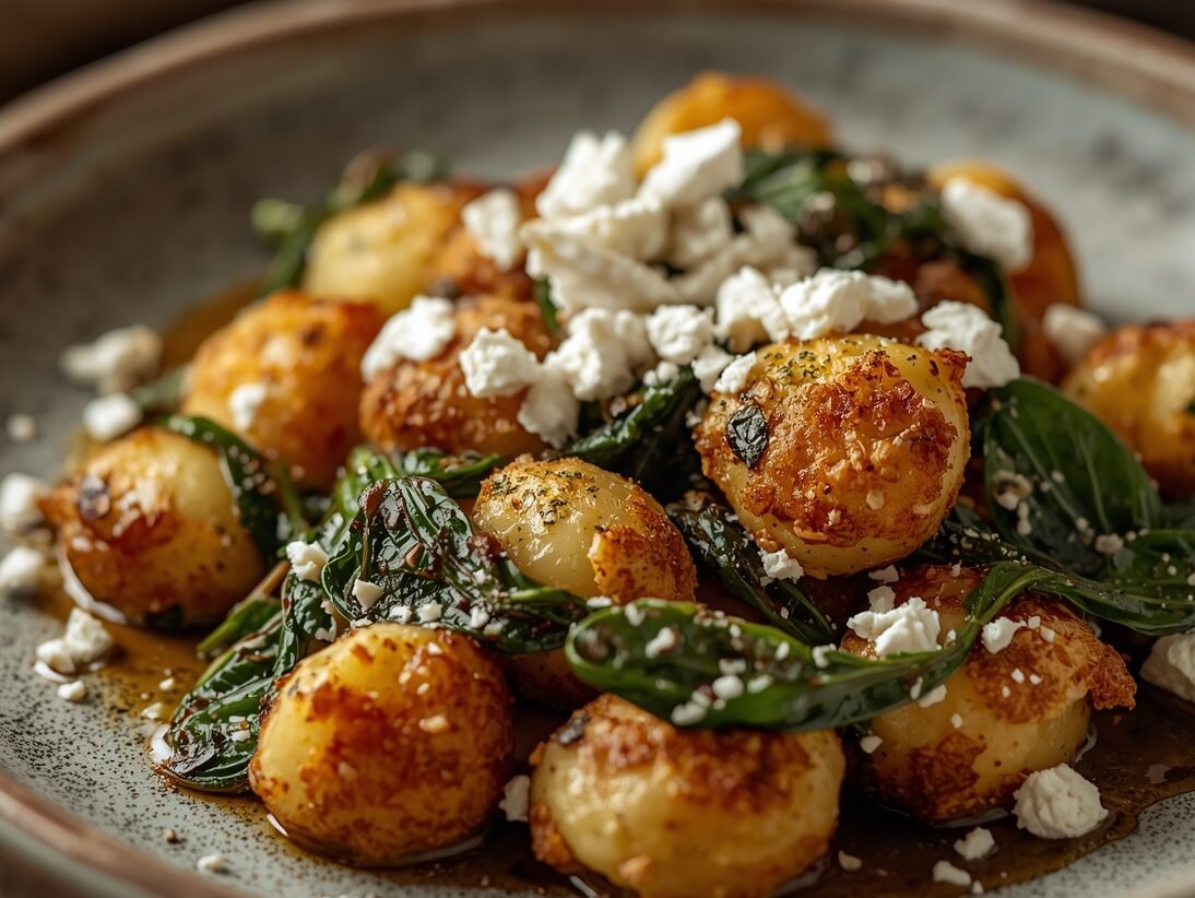 Gnocchi mixed with spinach in skillet ready for serving