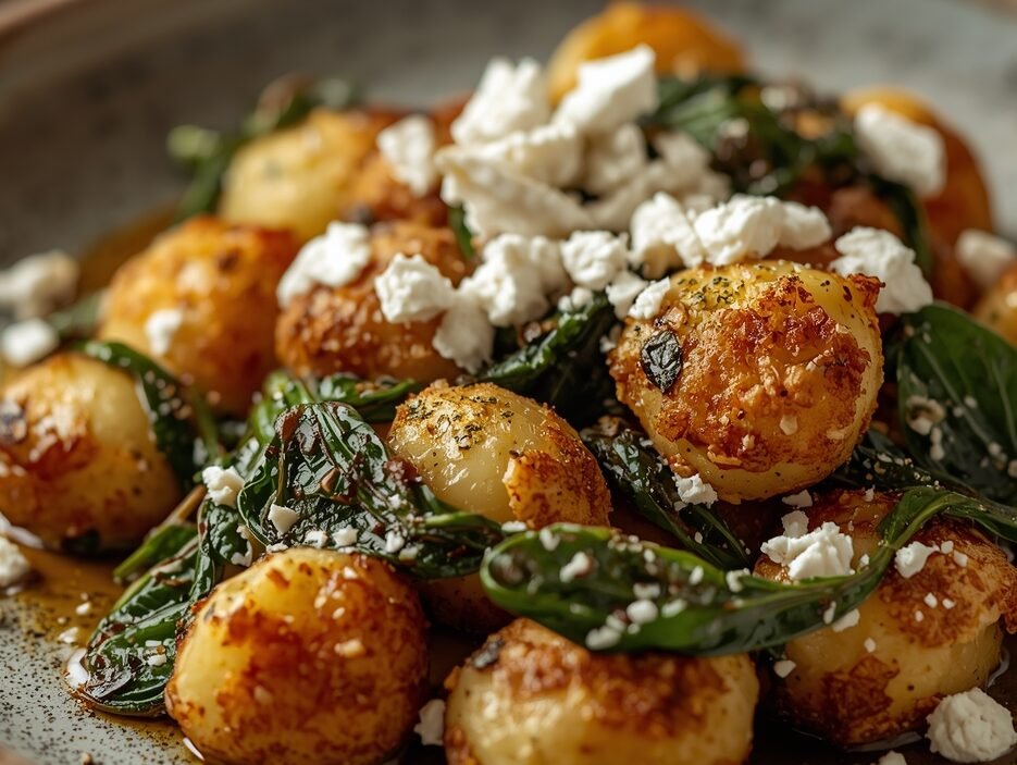 Crispy golden gnocchi with wilted spinach and crumbled feta on a rustic plate