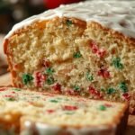 Golden-brown sweet bread topped with icing, photographed in warm ambient lighting with festive decorations in the background.