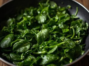 “Wilted spinach cooking in skillet to mix with crispy gnocchi”
