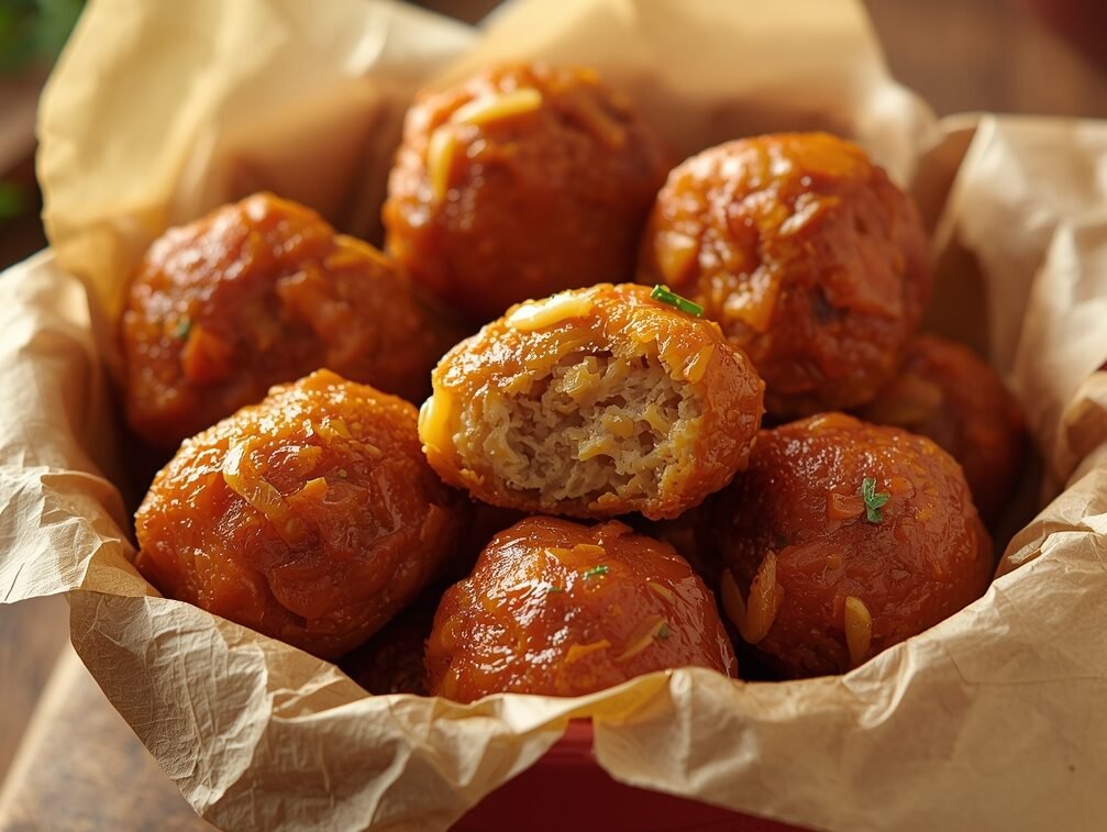 Hot baked Rotel sausage balls in a cozy ceramic bowl, crispy and cheesy, rustic presentation